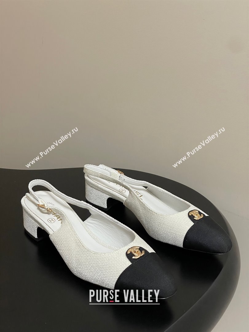 Chanel Tweed Grosgrain Slingbacks Pumps 3.5cm with CC Tag White 2025 G46441 (MD-251103030)