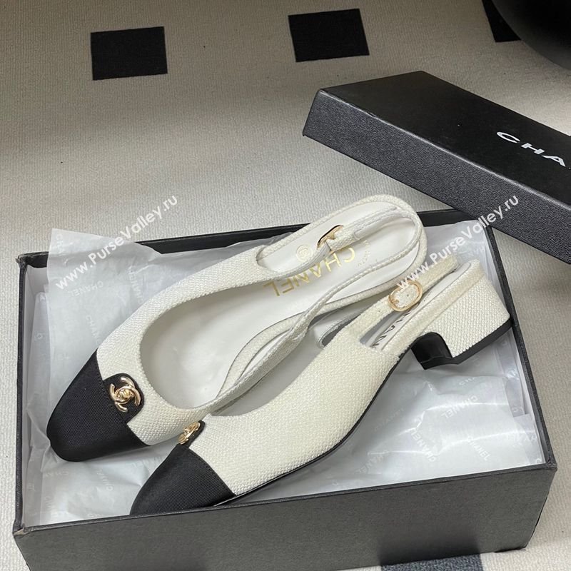 Chanel Tweed Grosgrain Slingbacks Pumps 3.5cm with CC Tag White 2025 G46441 (MD-251103030)