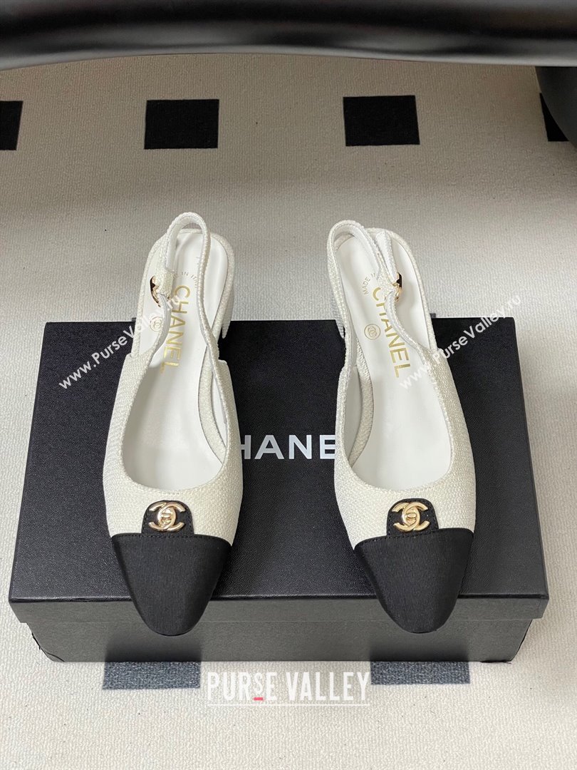 Chanel Tweed Grosgrain Slingbacks Pumps 3.5cm with CC Tag White 2025 G46441 (MD-251103030)