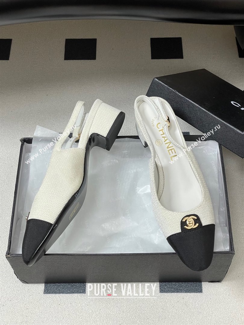 Chanel Tweed Grosgrain Slingbacks Pumps 3.5cm with CC Tag White 2025 G46441 (MD-251103030)