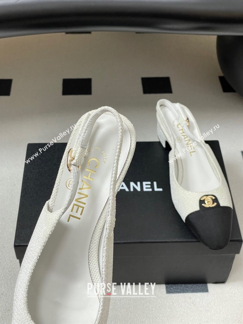 Chanel Tweed Grosgrain Slingbacks Pumps 3.5cm with CC Tag White 2025 G46441 (MD-251103030)