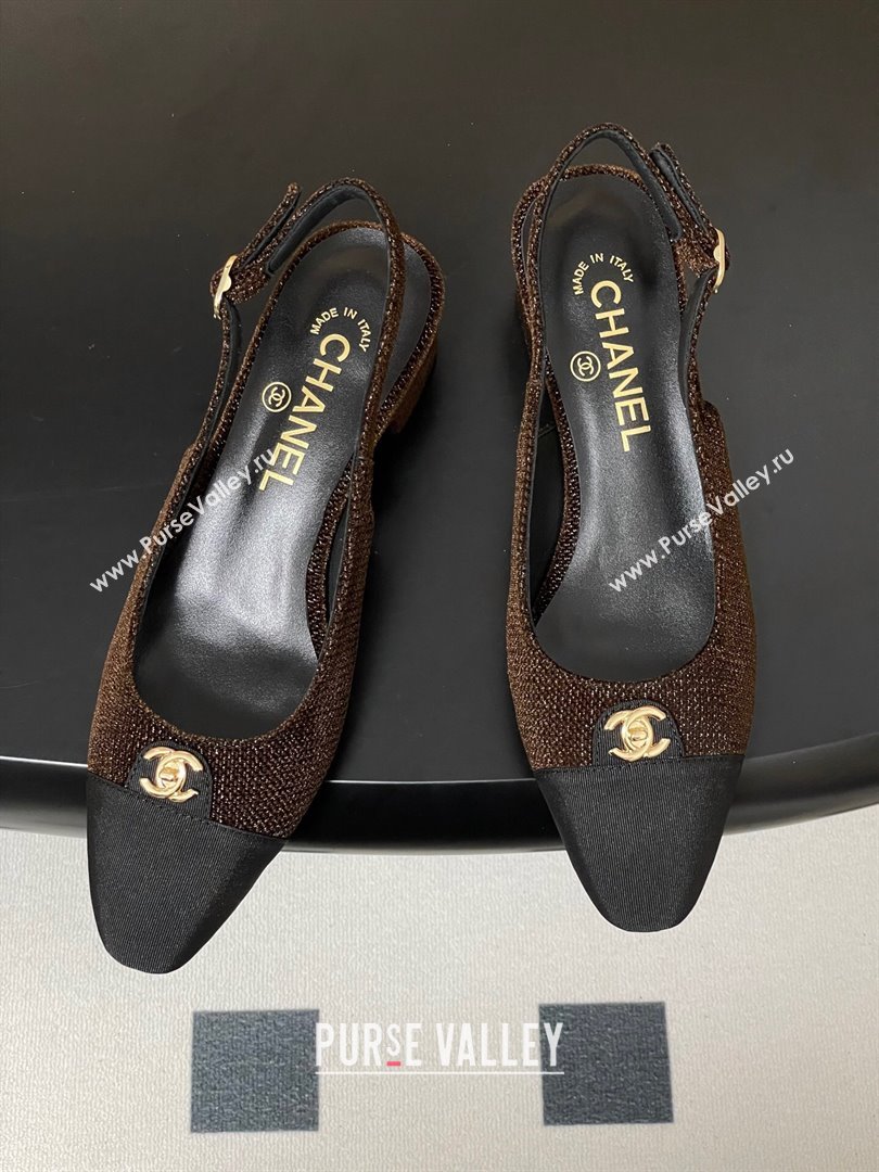 Chanel Tweed Grosgrain Slingbacks Pumps 3.5cm with CC Tag Brown 2025 G46441 (MD-251103032)