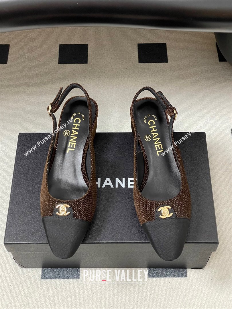 Chanel Tweed Grosgrain Slingbacks Pumps 3.5cm with CC Tag Brown 2025 G46441 (MD-251103032)