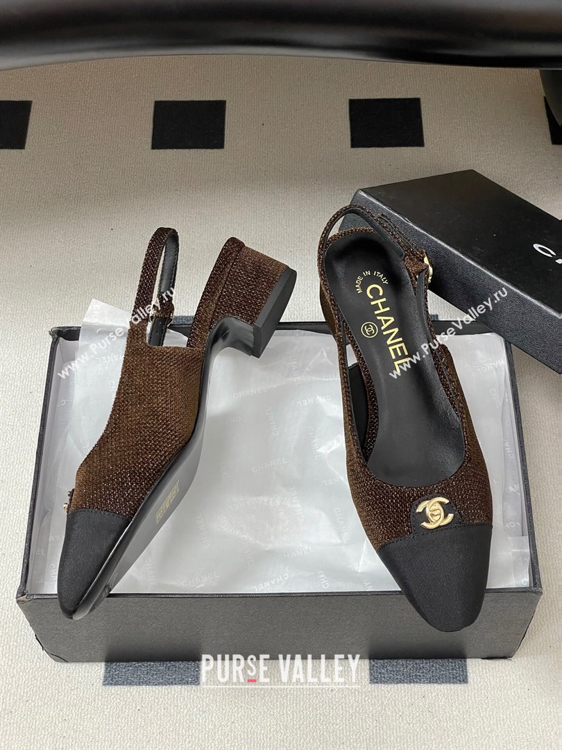 Chanel Tweed Grosgrain Slingbacks Pumps 3.5cm with CC Tag Brown 2025 G46441 (MD-251103032)