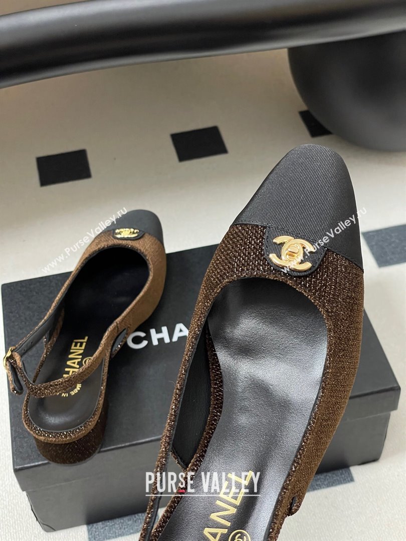 Chanel Tweed Grosgrain Slingbacks Pumps 3.5cm with CC Tag Brown 2025 G46441 (MD-251103032)