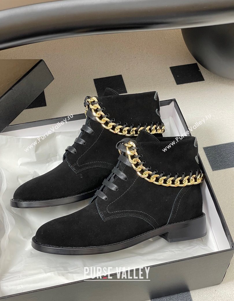 Chanel Suede Laced-up Ankle Boots with Chain Black 2025 CH110405 (KL-251223032)