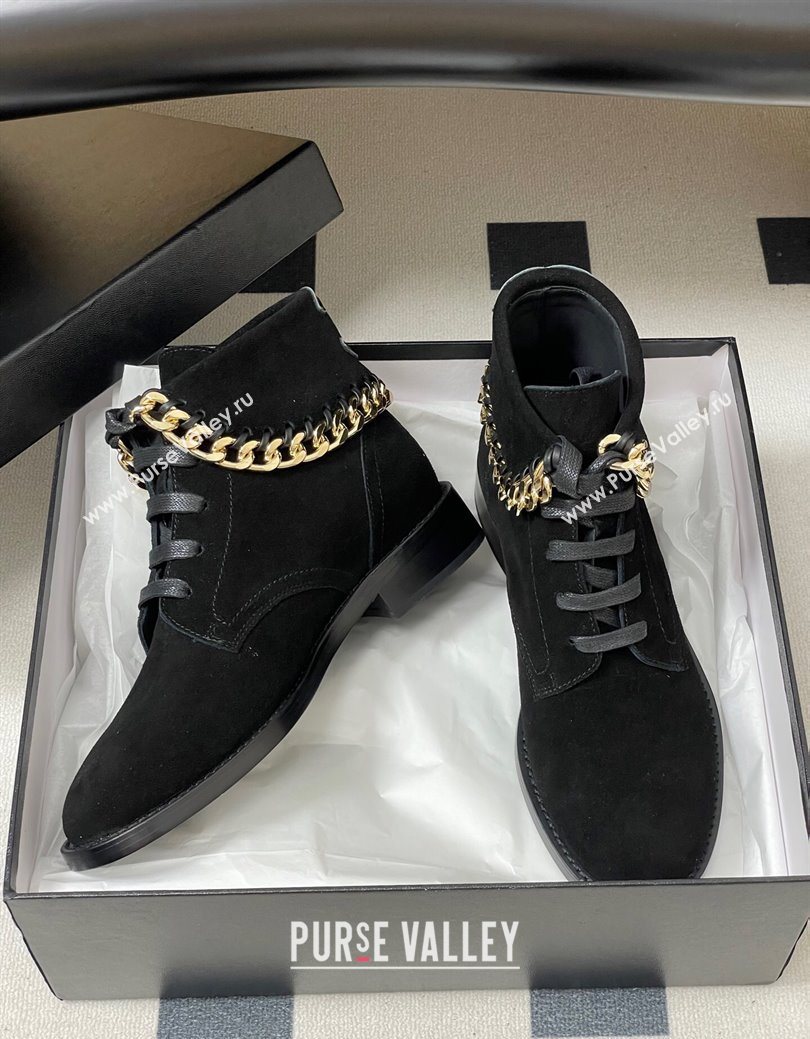 Chanel Suede Laced-up Ankle Boots with Chain Black 2025 CH110405 (KL-251223032)