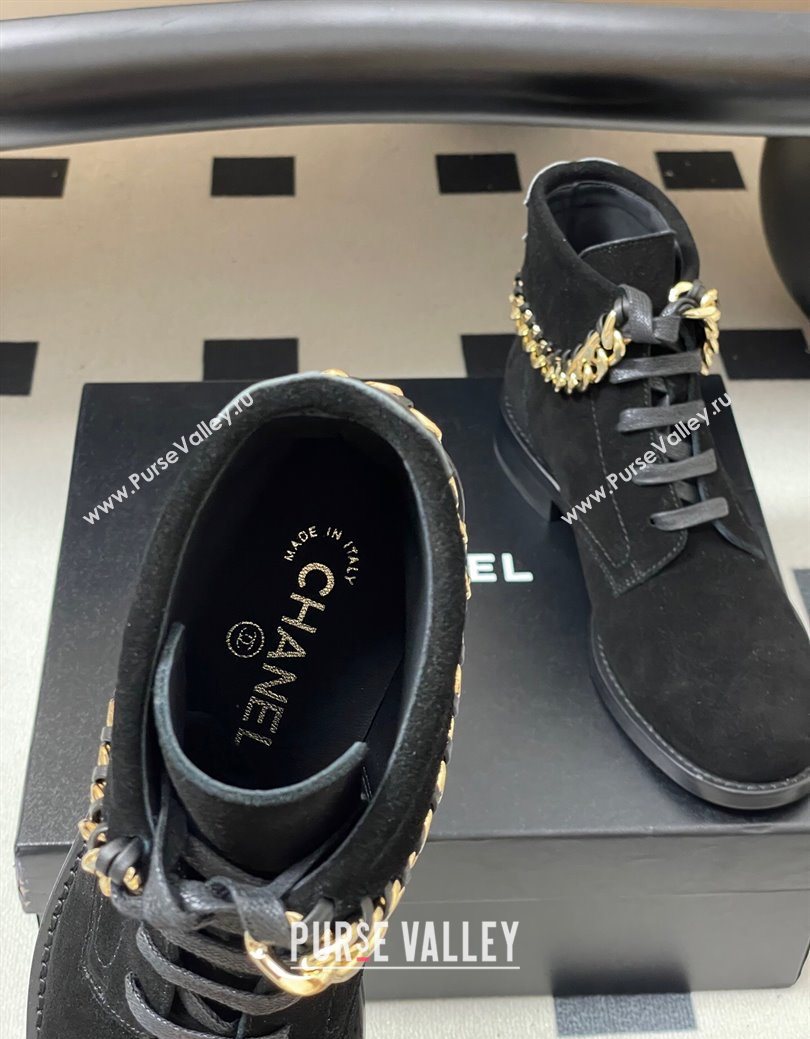 Chanel Suede Laced-up Ankle Boots with Chain Black 2025 CH110405 (KL-251223032)
