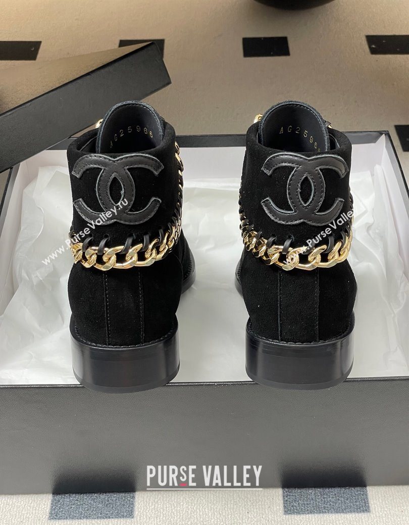 Chanel Suede Laced-up Ankle Boots with Chain Black 2025 CH110405 (KL-251223032)