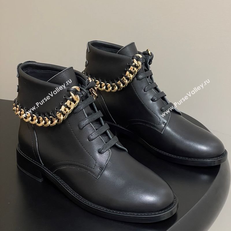 Chanel Calfskin Leather Laced-up Ankle Boots with Chain Black 2025 CH110405 (KL-251223033)