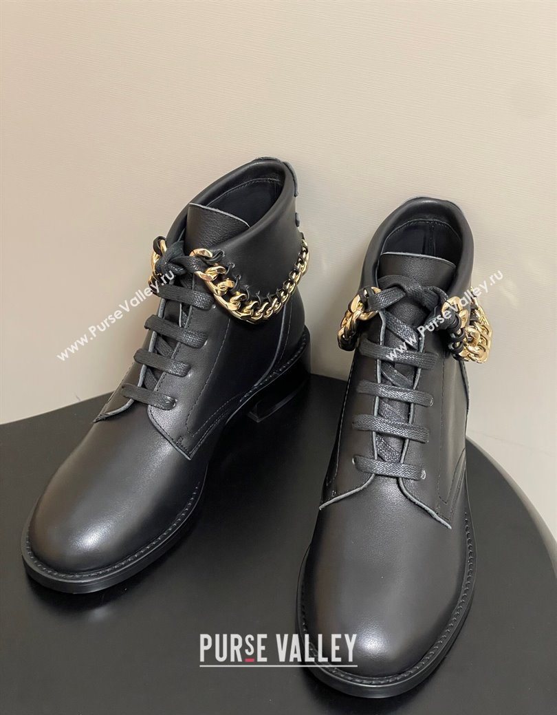 Chanel Calfskin Leather Laced-up Ankle Boots with Chain Black 2025 CH110405 (KL-251223033)
