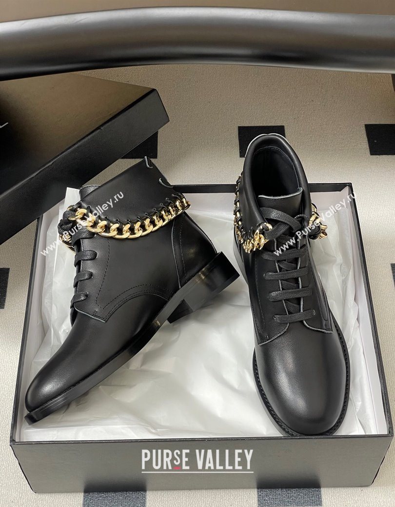 Chanel Calfskin Leather Laced-up Ankle Boots with Chain Black 2025 CH110405 (KL-251223033)