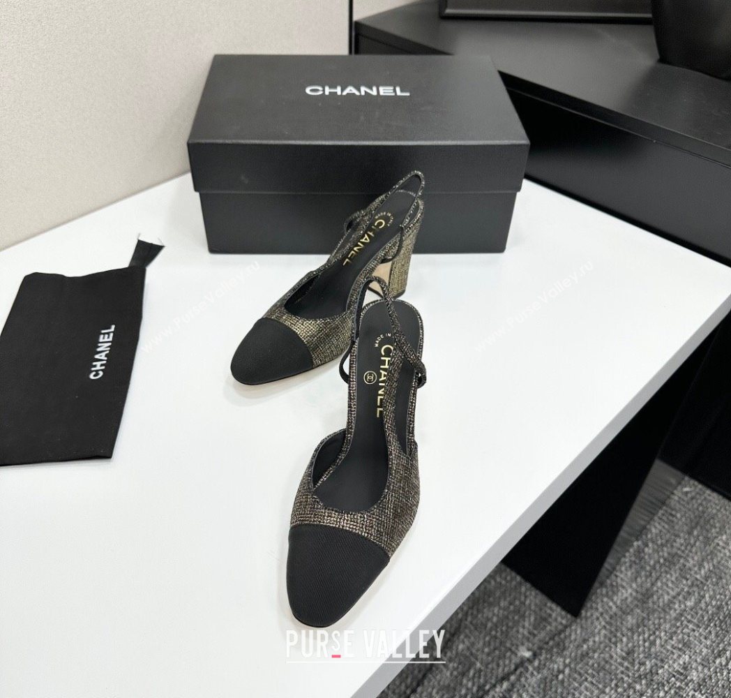 Chanel Tweed Grosgrain Slingback Pumps 9cm Gold/Black 2025 G45509 1223 (MD-251223046)