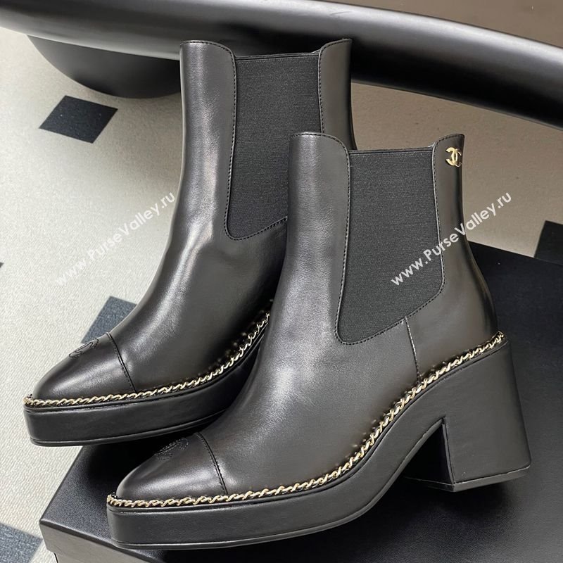 Chanel Calfskin Leather Platform Ankle Boots with Chain Black 2025 CH110406 (KL-251223036)