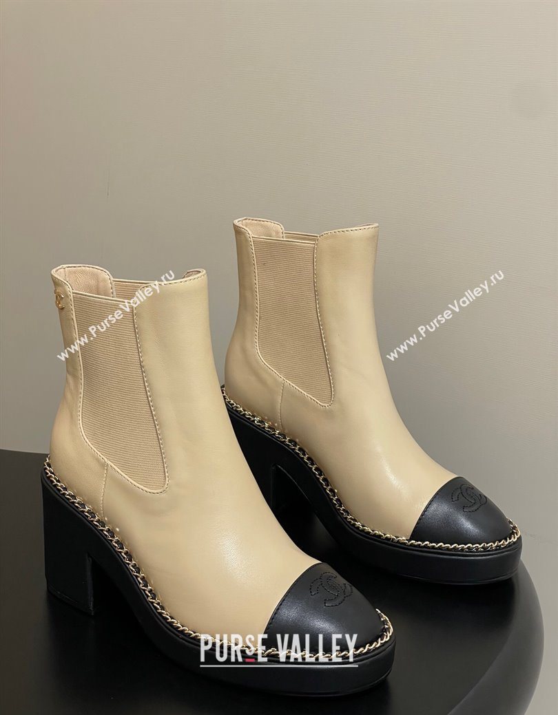 Chanel Calfskin Leather Platform Ankle Boots with Chain Beige 2025 CH110406 (KL-251223038)