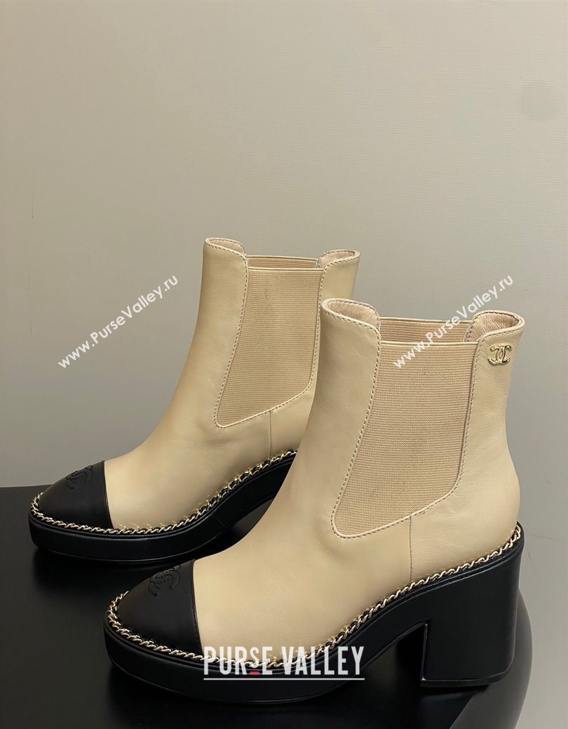 Chanel Calfskin Leather Platform Ankle Boots with Chain Beige 2025 CH110406 (KL-251223038)