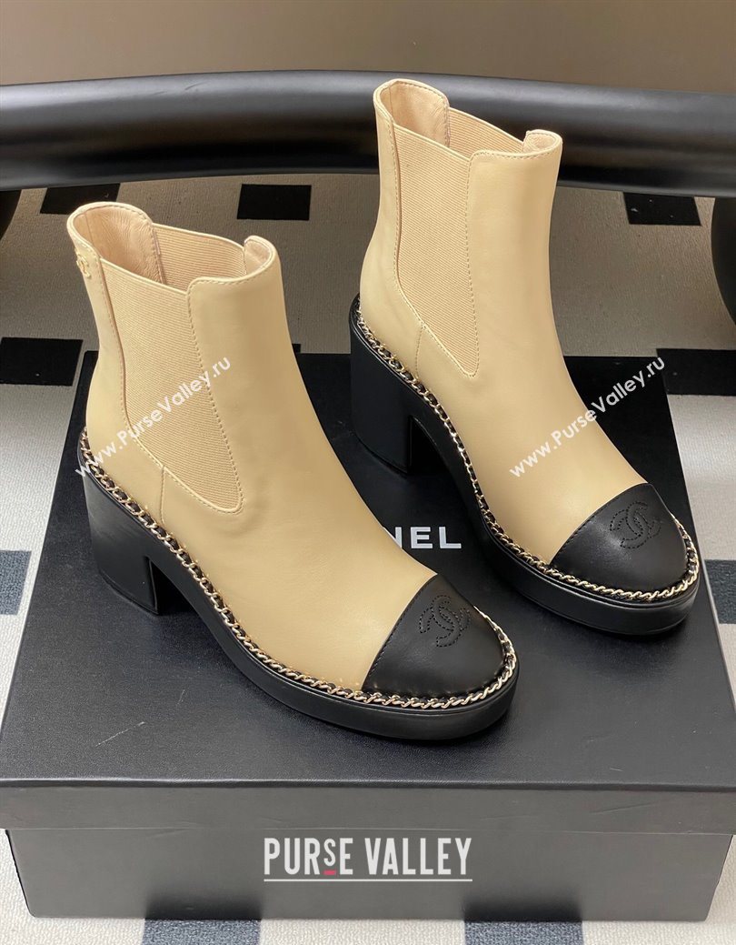 Chanel Calfskin Leather Platform Ankle Boots with Chain Beige 2025 CH110406 (KL-251223038)