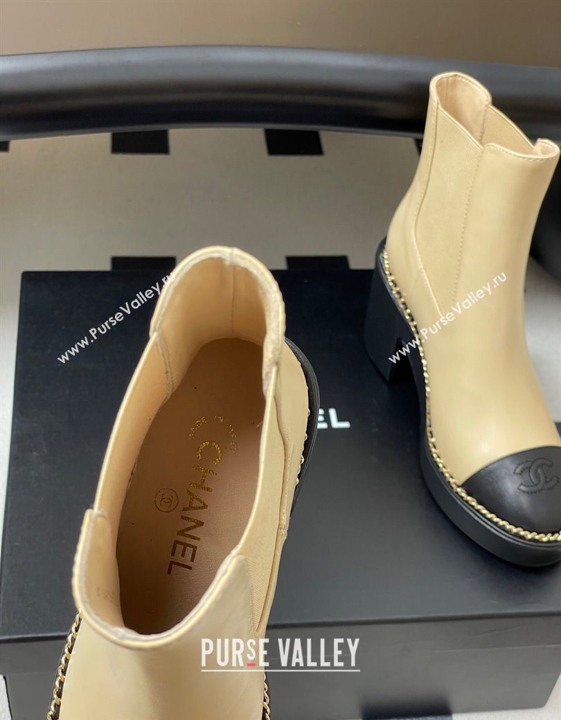 Chanel Calfskin Leather Platform Ankle Boots with Chain Beige 2025 CH110406 (KL-251223038)