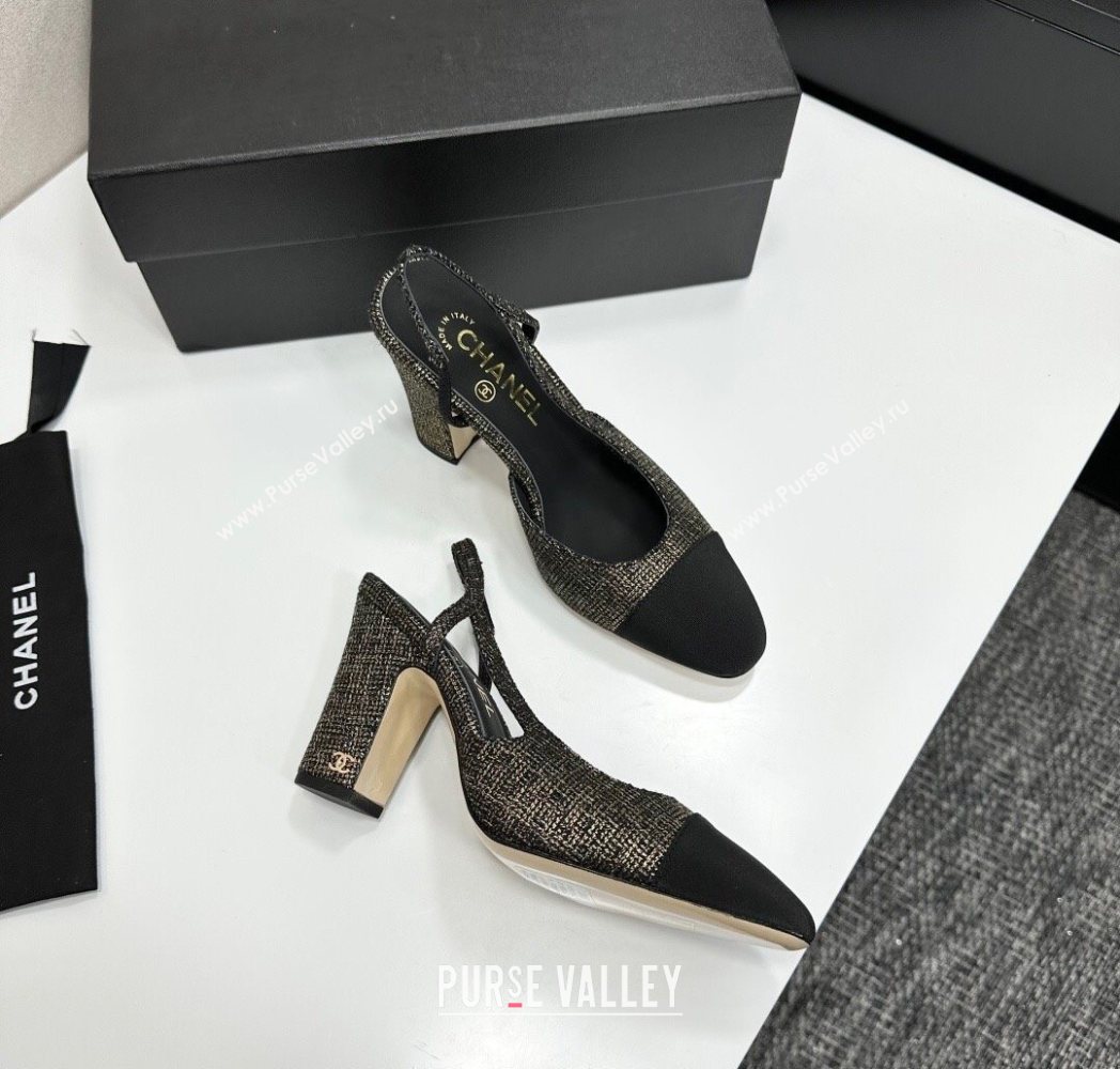 Chanel Tweed Grosgrain Slingback Pumps 9cm Gold/Black 2025 G45509 1223 (MD-251223046)