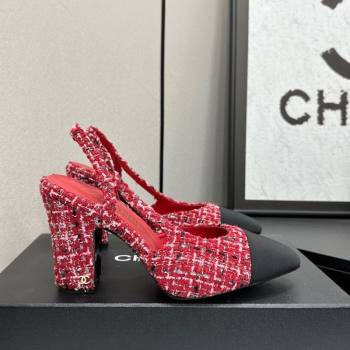 Chanel Tweed Grosgrain Slingback Pumps 9cm Red/Black 2025 G45509 1223 (MD-251223047)
