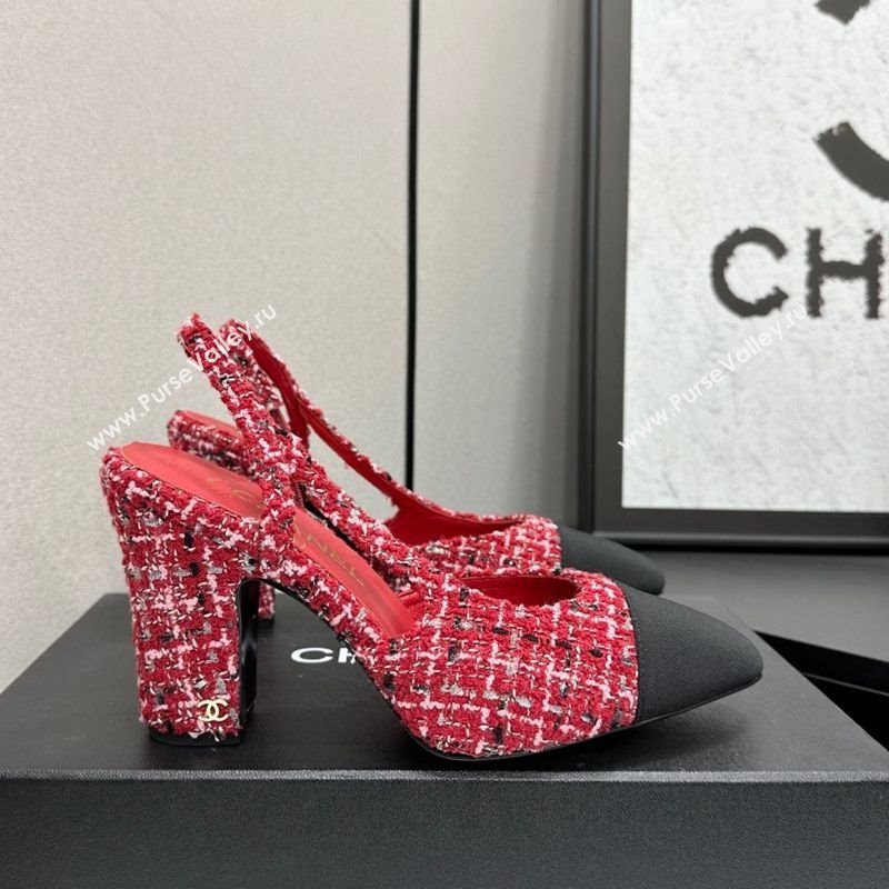Chanel Tweed Grosgrain Slingback Pumps 9cm Red/Black 2025 G45509 1223 (MD-251223047)