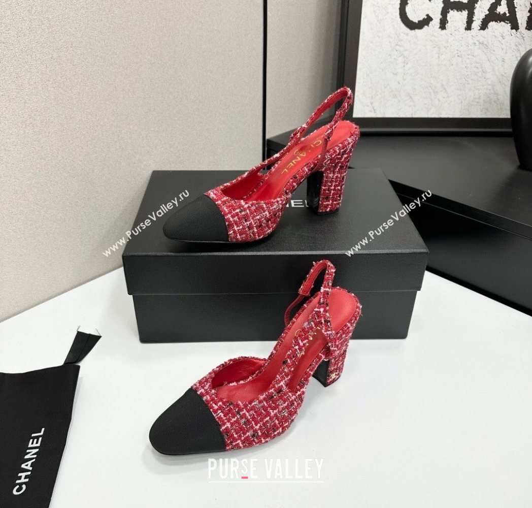 Chanel Tweed Grosgrain Slingback Pumps 9cm Red/Black 2025 G45509 1223 (MD-251223047)