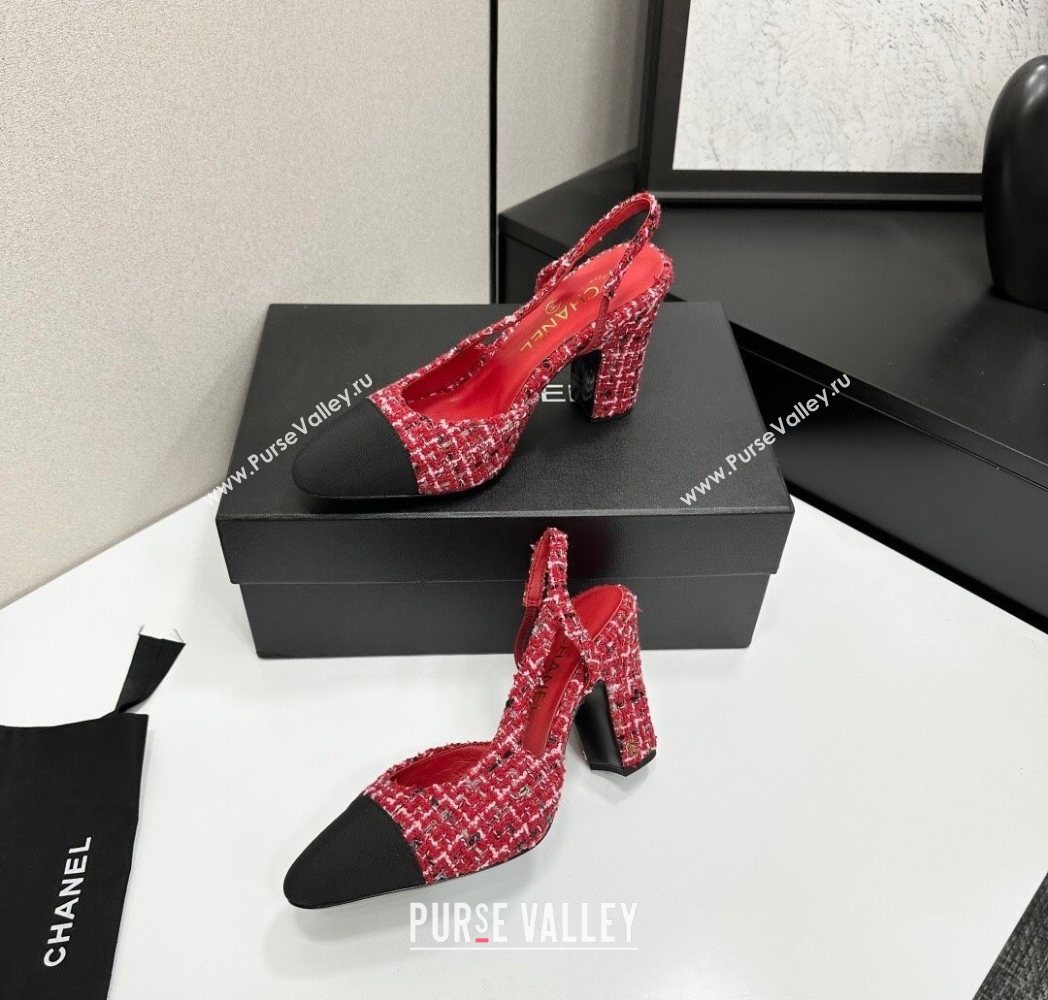 Chanel Tweed Grosgrain Slingback Pumps 9cm Red/Black 2025 G45509 1223 (MD-251223047)