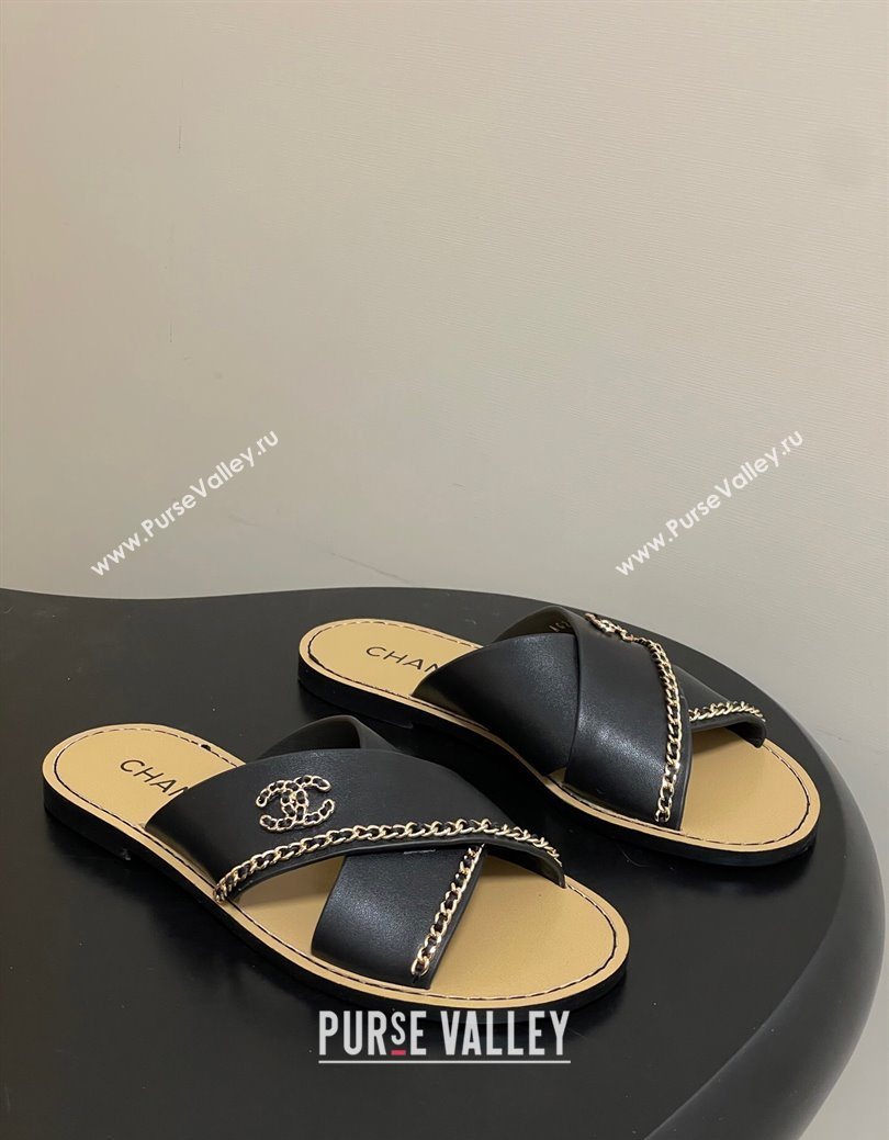 Chanel Calfskin Leather Flat Slides Sandal with Chain Black 2025 G46976 (KL-251223100)