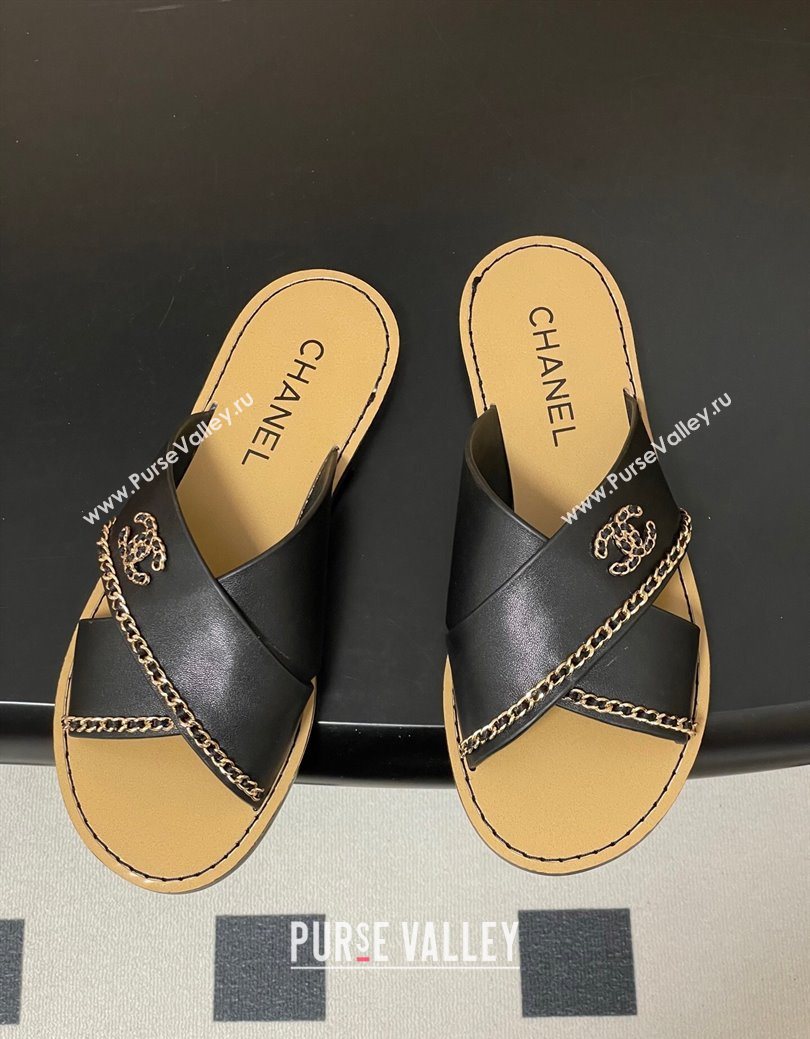 Chanel Calfskin Leather Flat Slides Sandal with Chain Black 2025 G46976 (KL-251223100)