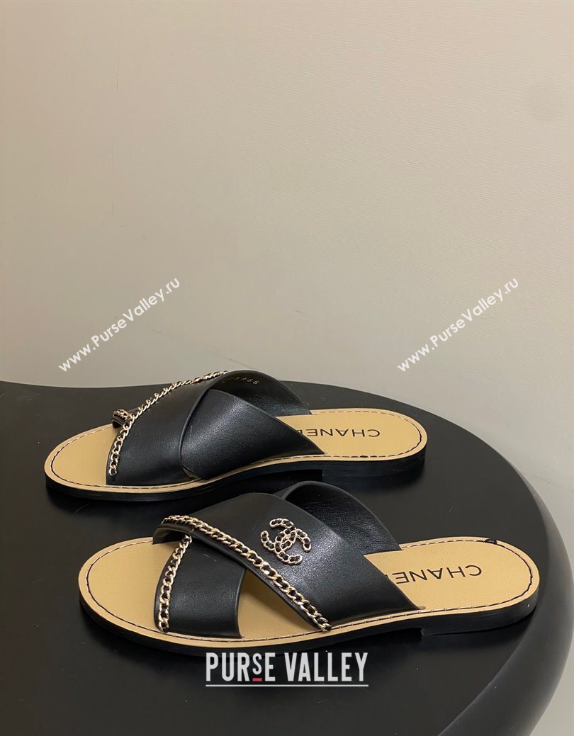 Chanel Calfskin Leather Flat Slides Sandal with Chain Black 2025 G46976 (KL-251223100)