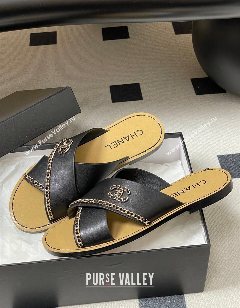 Chanel Calfskin Leather Flat Slides Sandal with Chain Black 2025 G46976 (KL-251223100)