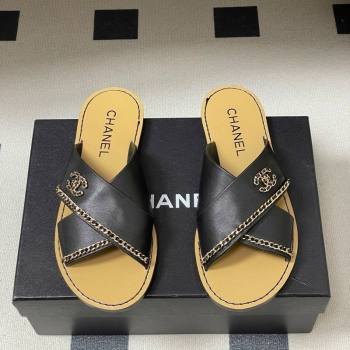 Chanel Calfskin Leather Flat Slides Sandal with Chain Black 2025 G46976 (KL-251223100)