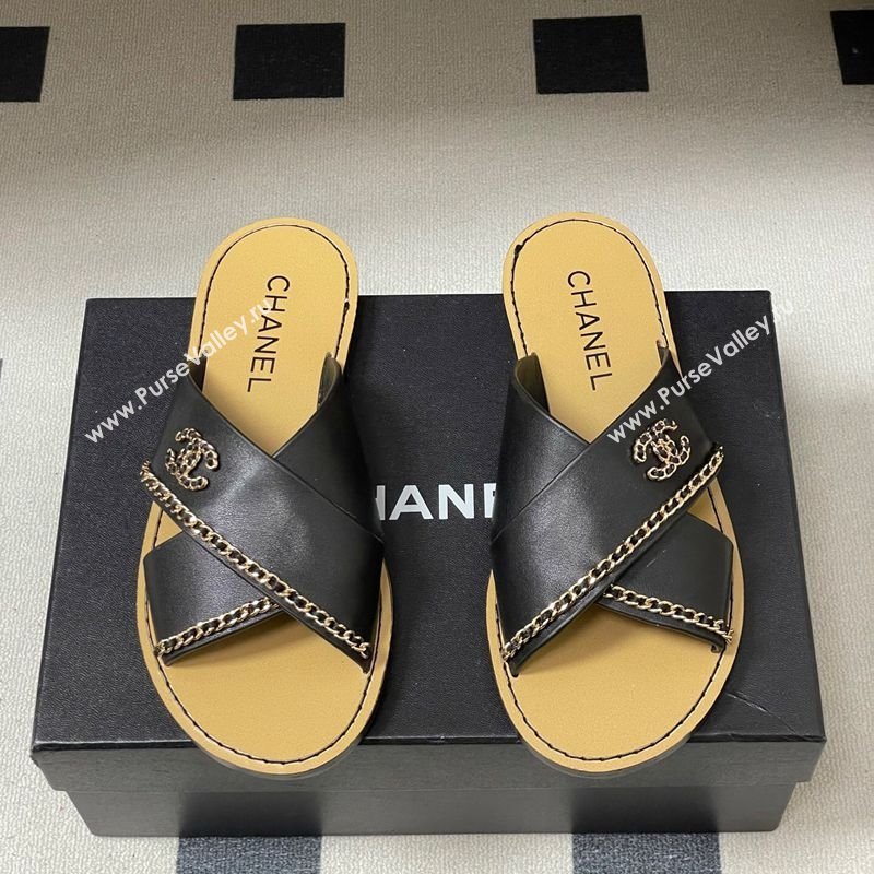 Chanel Calfskin Leather Flat Slides Sandal with Chain Black 2025 G46976 (KL-251223100)