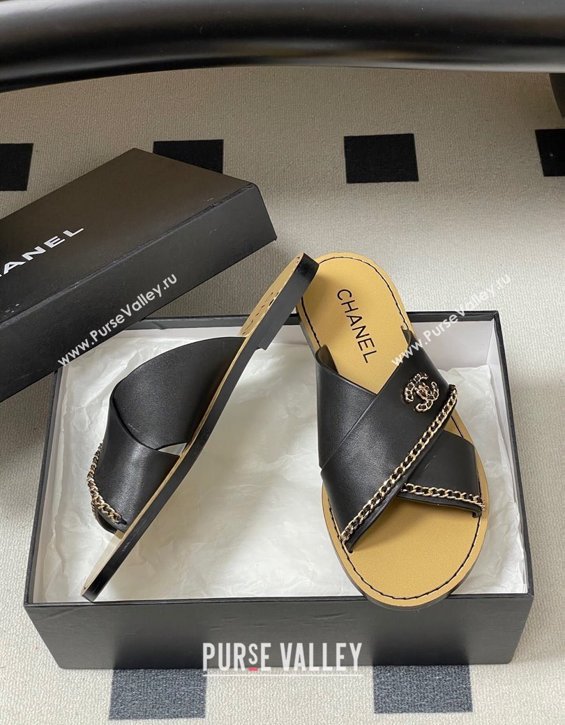 Chanel Calfskin Leather Flat Slides Sandal with Chain Black 2025 G46976 (KL-251223100)