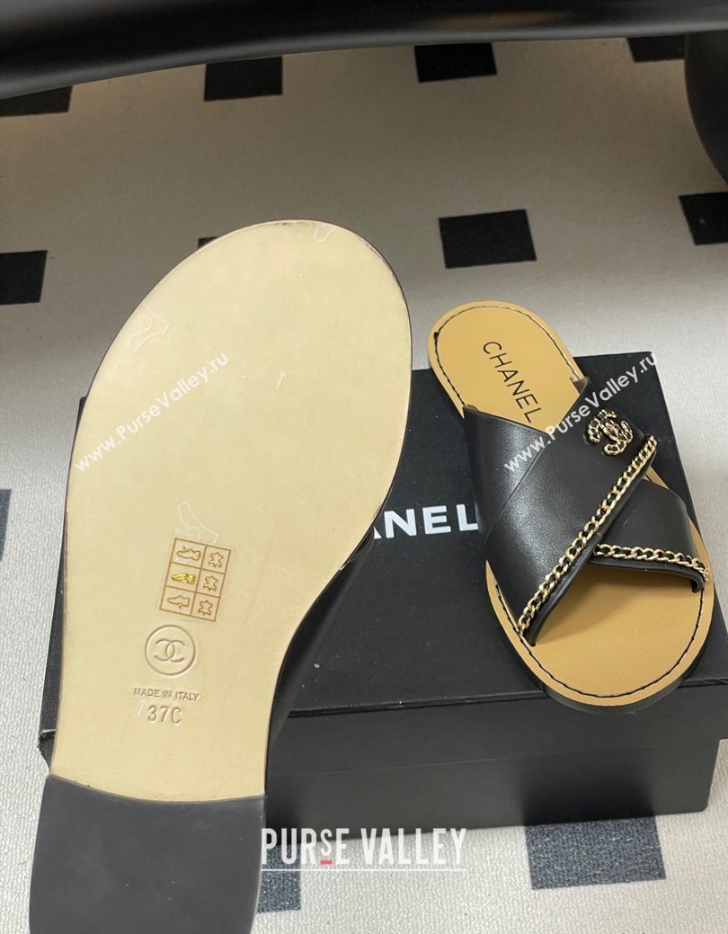 Chanel Calfskin Leather Flat Slides Sandal with Chain Black 2025 G46976 (KL-251223100)