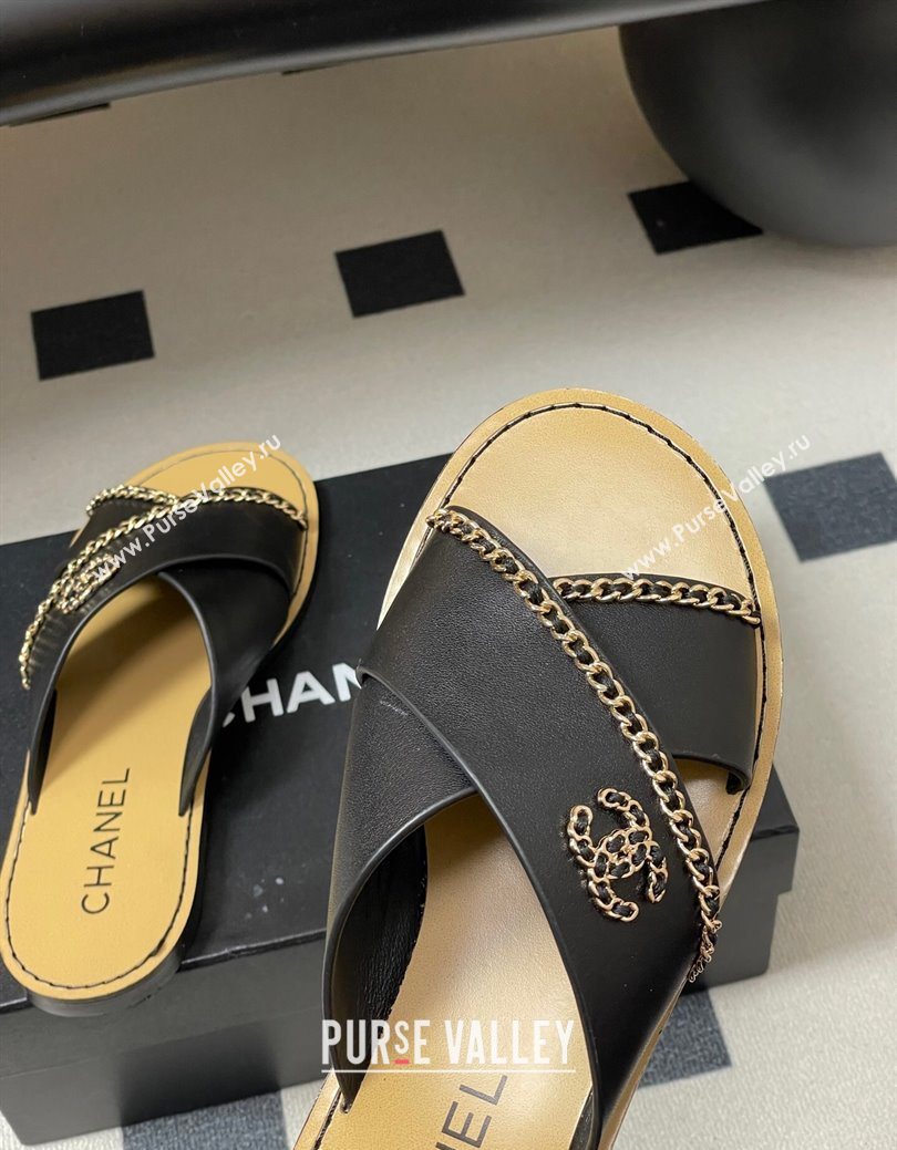 Chanel Calfskin Leather Flat Slides Sandal with Chain Black 2025 G46976 (KL-251223100)