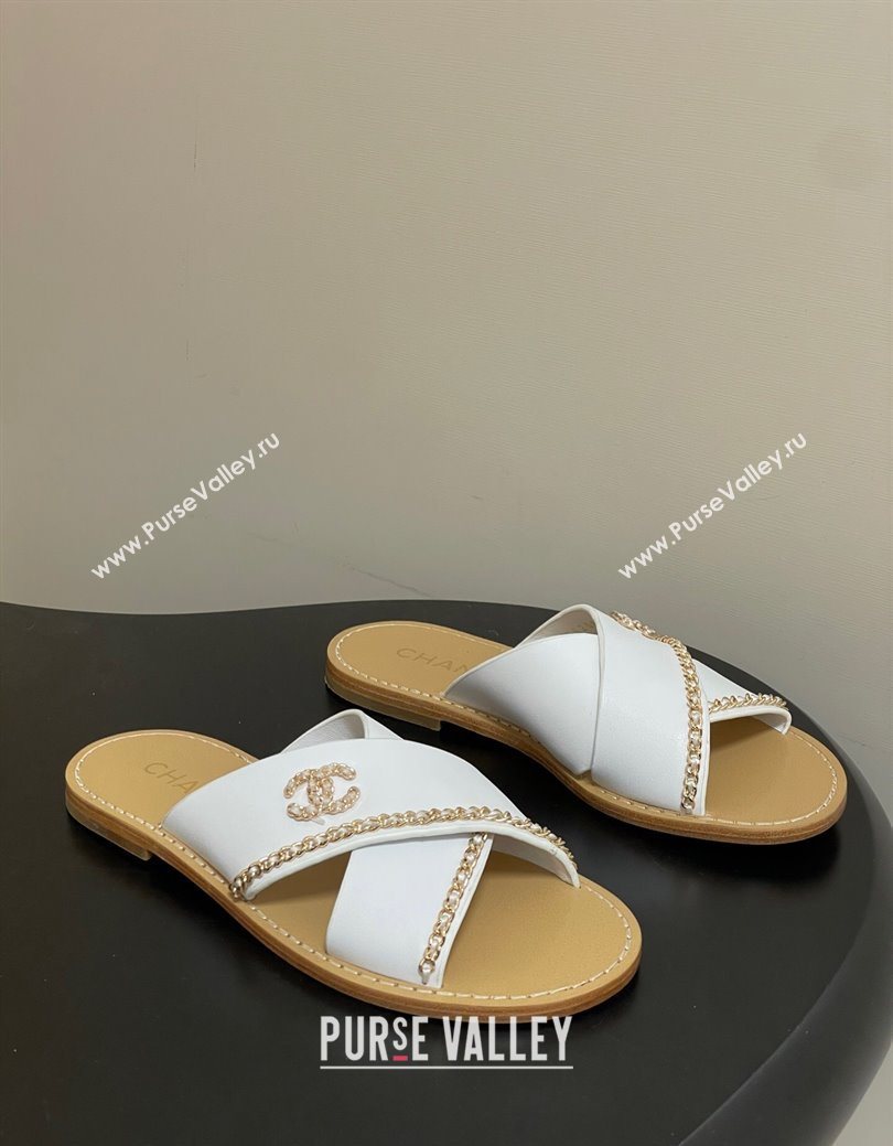 Chanel Calfskin Leather Flat Slides Sandal with Chain White 2025 G46976 (KL-251223101)