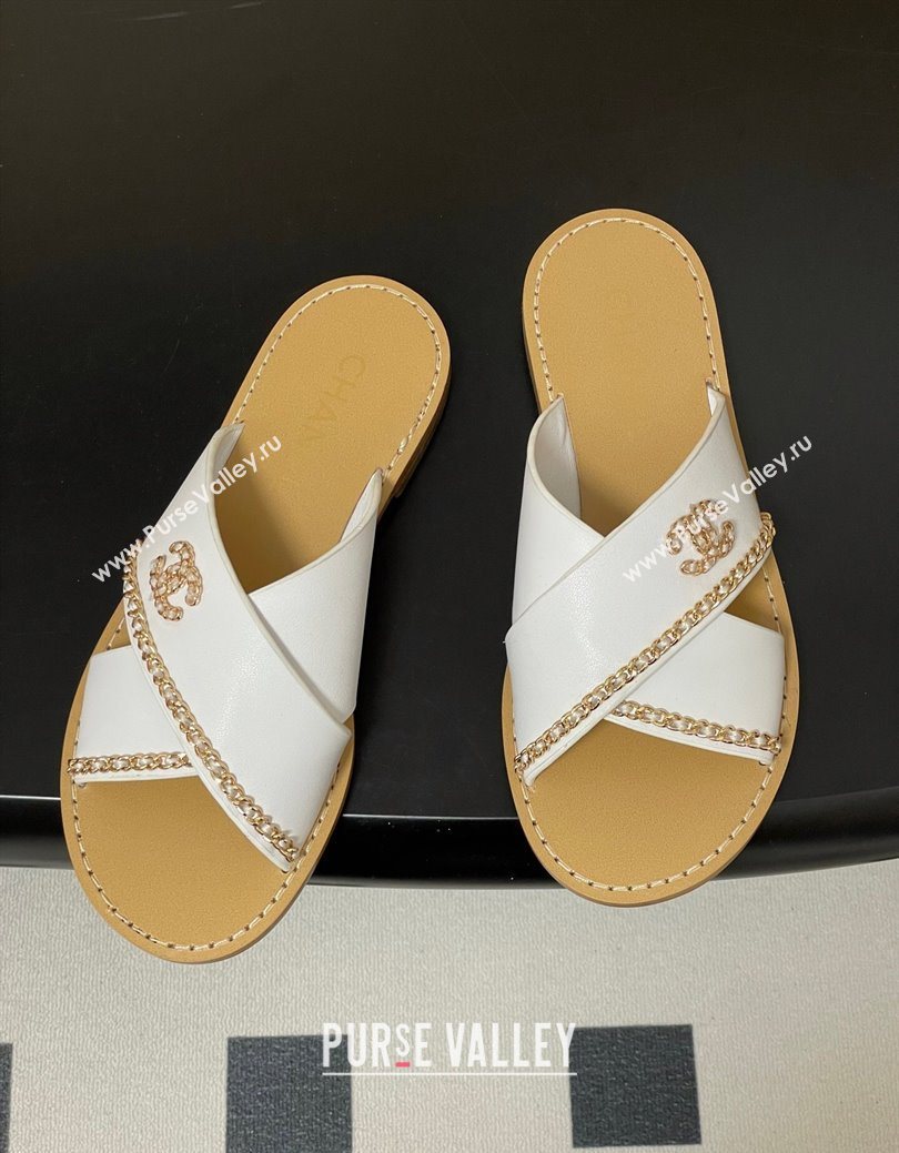 Chanel Calfskin Leather Flat Slides Sandal with Chain White 2025 G46976 (KL-251223101)