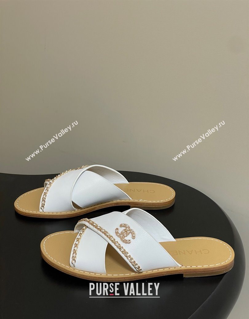 Chanel Calfskin Leather Flat Slides Sandal with Chain White 2025 G46976 (KL-251223101)