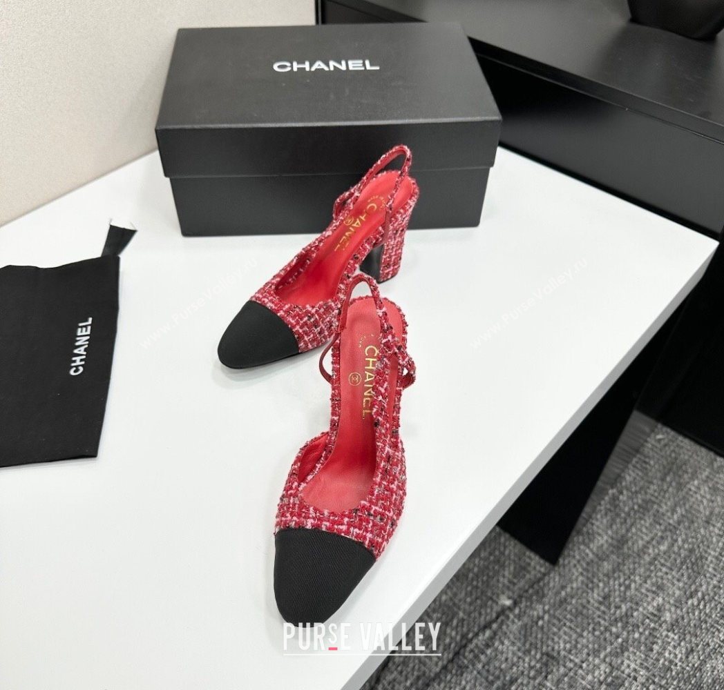 Chanel Tweed Grosgrain Slingback Pumps 9cm Red/Black 2025 G45509 1223 (MD-251223047)