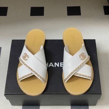 Chanel Calfskin Leather Flat Slides Sandal with Chain White 2025 G46976 (KL-251223101)