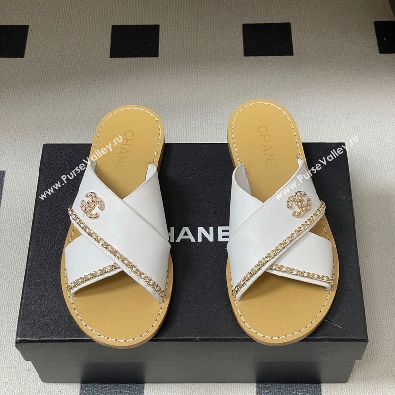 Chanel Calfskin Leather Flat Slides Sandal with Chain White 2025 G46976 (KL-251223101)