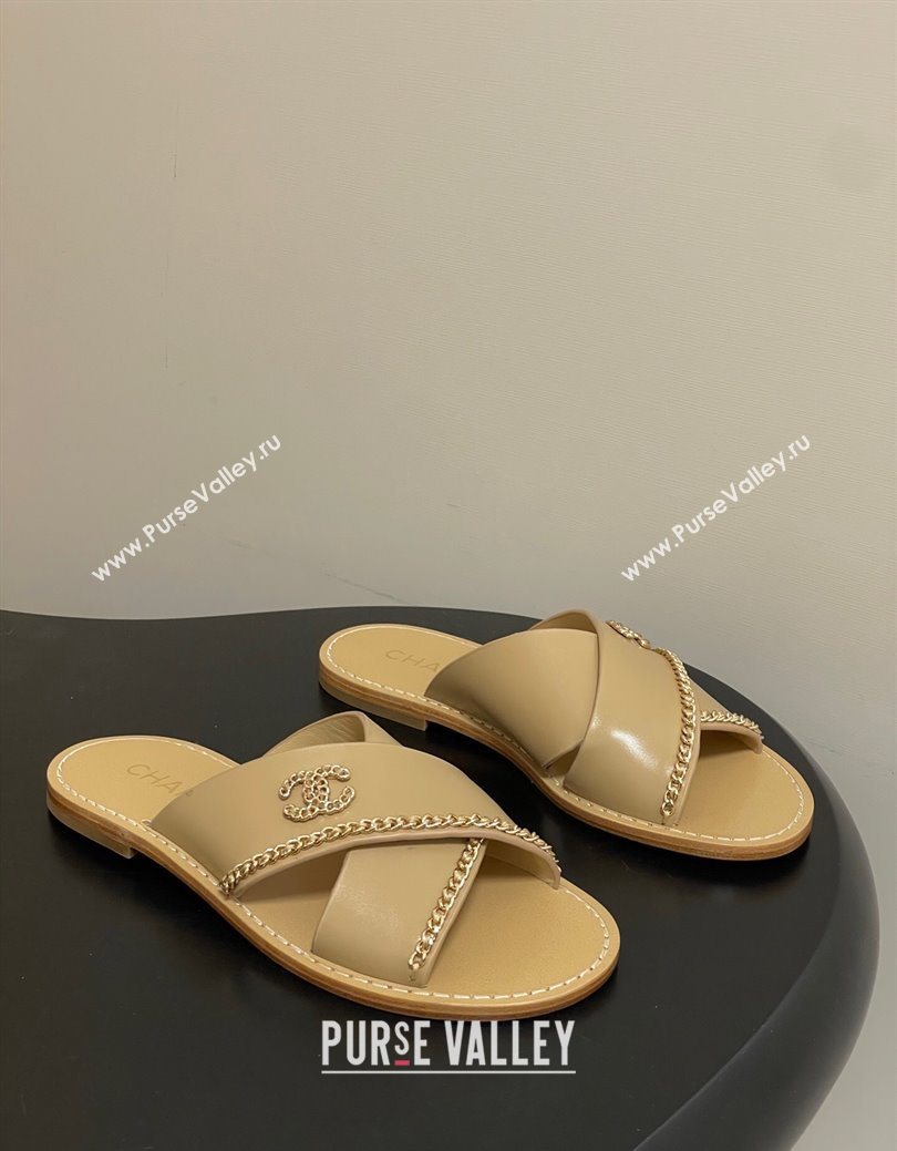 Chanel Calfskin Leather Flat Slides Sandal with Chain Beige 2025 G46976 (KL-251223102)