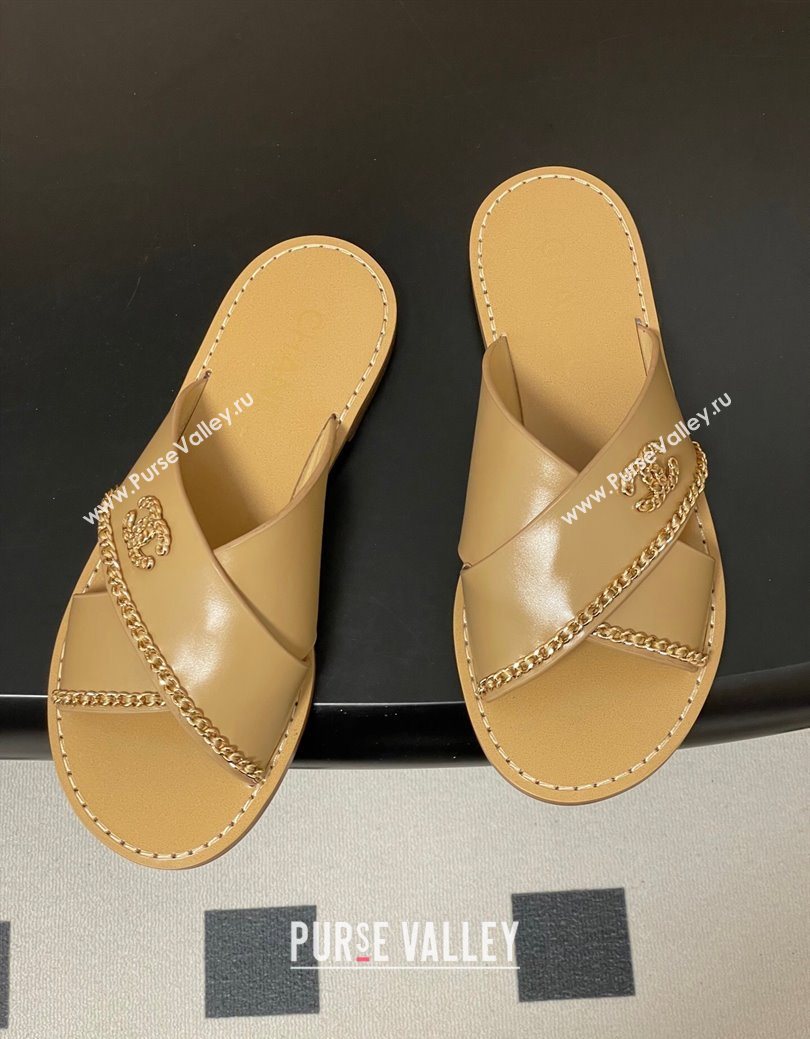 Chanel Calfskin Leather Flat Slides Sandal with Chain Beige 2025 G46976 (KL-251223102)