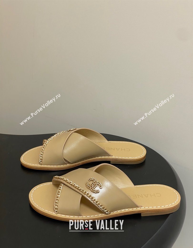Chanel Calfskin Leather Flat Slides Sandal with Chain Beige 2025 G46976 (KL-251223102)