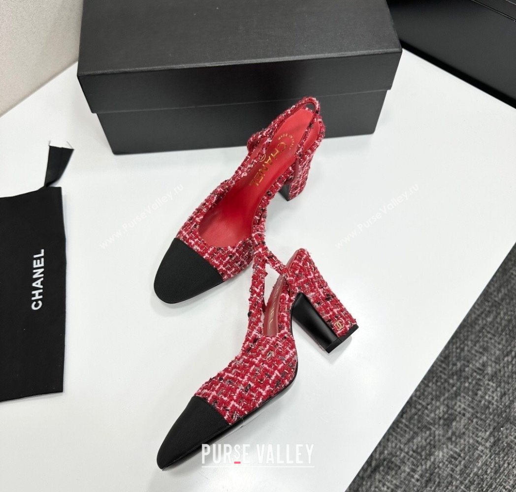 Chanel Tweed Grosgrain Slingback Pumps 9cm Red/Black 2025 G45509 1223 (MD-251223047)
