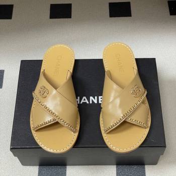 Chanel Calfskin Leather Flat Slides Sandal with Chain Beige 2025 G46976 (KL-251223102)