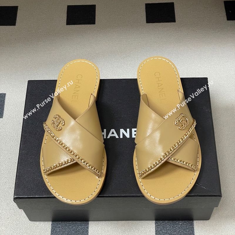 Chanel Calfskin Leather Flat Slides Sandal with Chain Beige 2025 G46976 (KL-251223102)