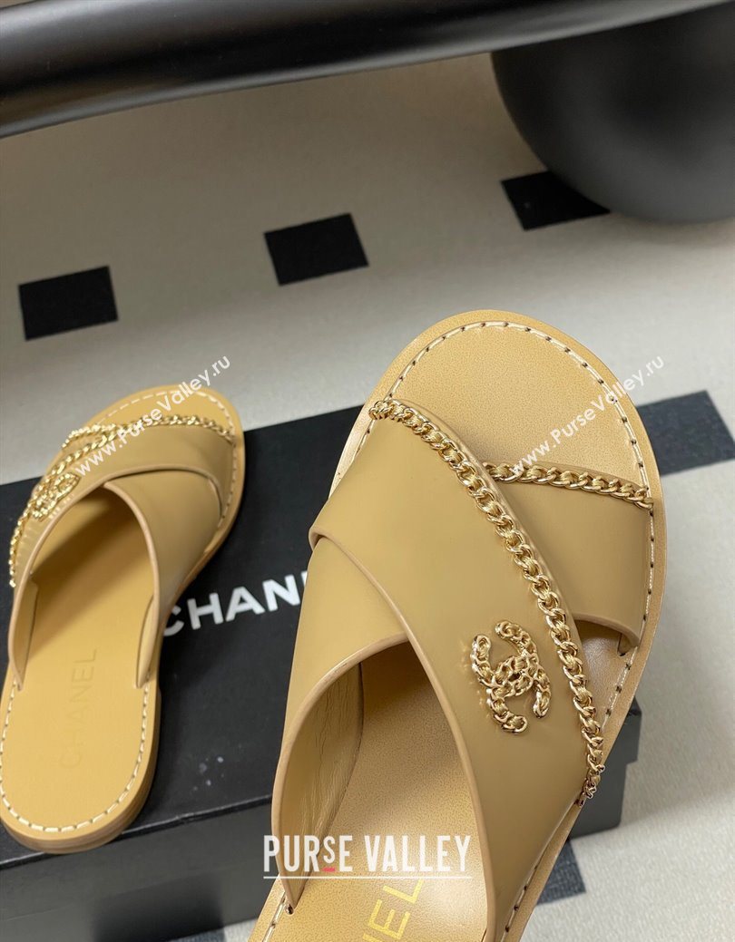 Chanel Calfskin Leather Flat Slides Sandal with Chain Beige 2025 G46976 (KL-251223102)