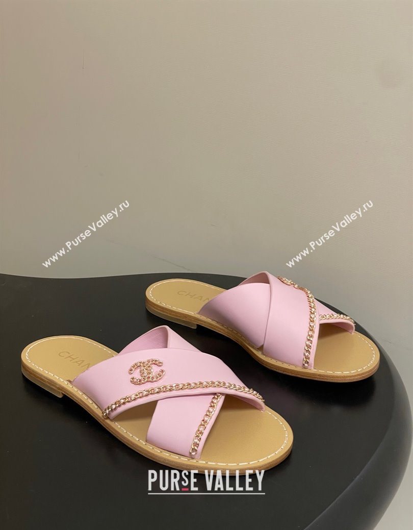 Chanel Calfskin Leather Flat Slides Sandal with Chain Pink 2025 G46976 (KL-251223103)